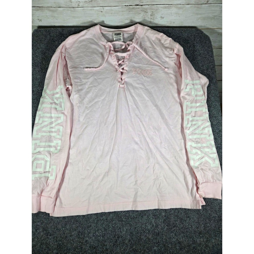 Victoria's Secret PINK Womens XS Lace Up Long Sleeve Shirt Logo Sleeve Pink